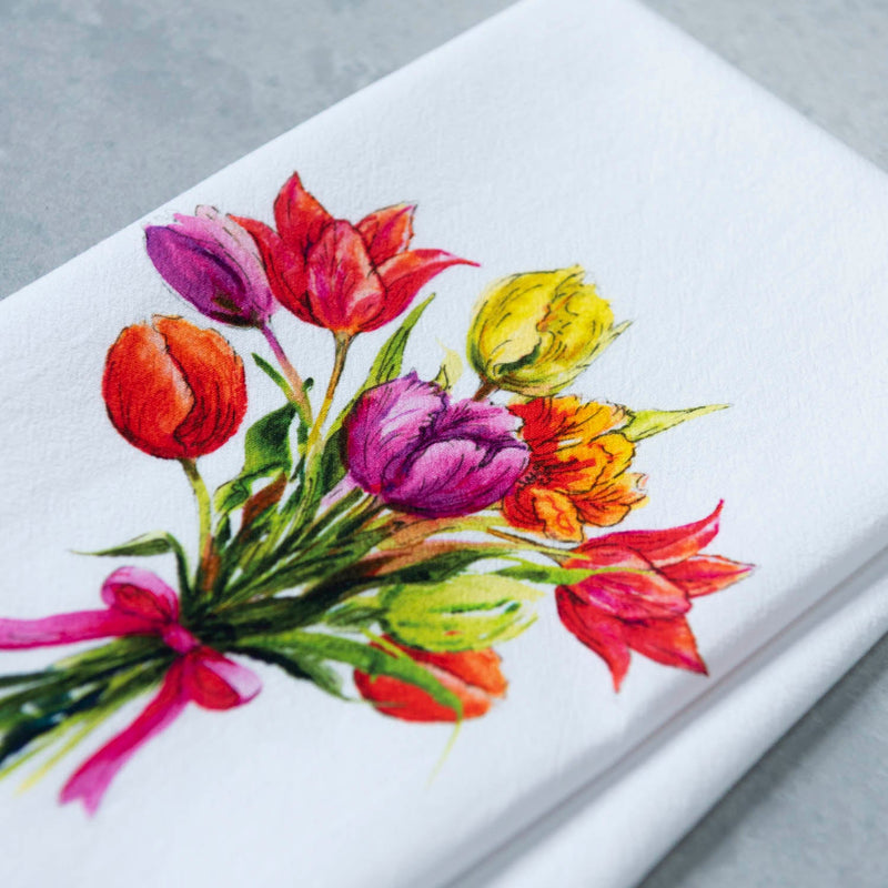 Farmhouse Kitchen Towel White Cotton Watercolor Tulip Bouquet Spring Floral Design Colorful Flowers Red Yellow Purple Orange Pink Petals Green Stems Leaves Pink Ribbon Tied Hanging Loop Functional Dish Towel Decorative Kitchen Styling