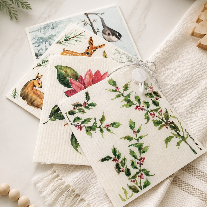 Christmas Kitchen Gift Set Reusable Dishcloth Collection Swedish Sponge Cloth Design Eco Friendly Washable Towels Winter Woodland Theme Deer Bird Poinsettia Holly Evergreen Branch Pattern Sustainable Home Cleaning Biodegradable Cotton