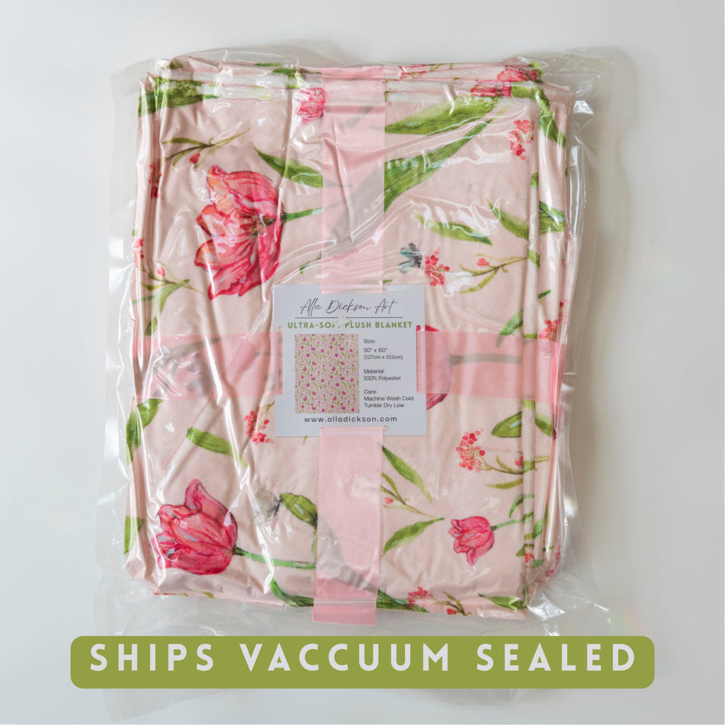 Pink Tulip plush blanket featuring hand-painted watercolor tulips in pink and crimson, 50"x60" velveteen throw