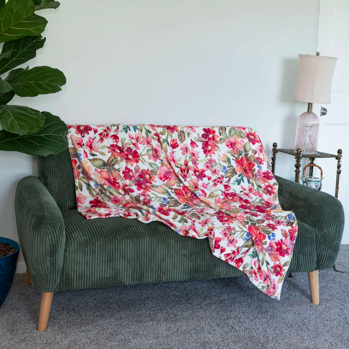 Red Flower plush blanket featuring a vintage red floral bouquet watercolor print, 50"x60" velveteen throw