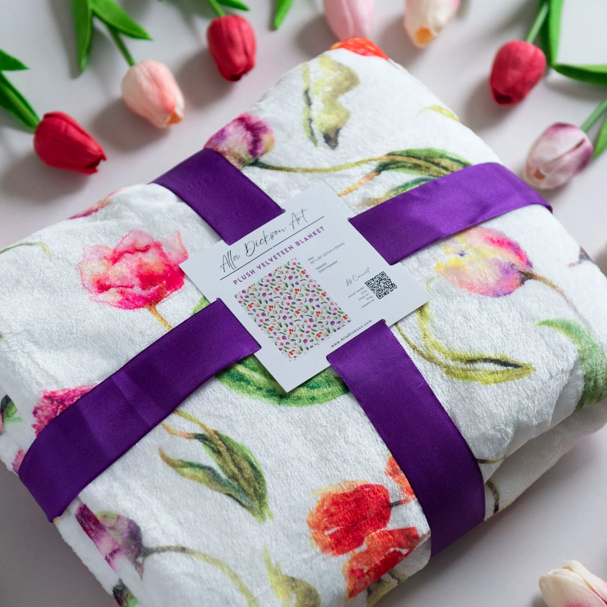 Tulip Garden plush blanket featuring a bright, wavy watercolor tulip print, 50"x60" velveteen throw