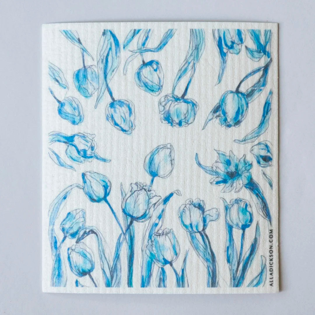 Tulip Art Dishcloth Blue Flower Swedish Dishcloth