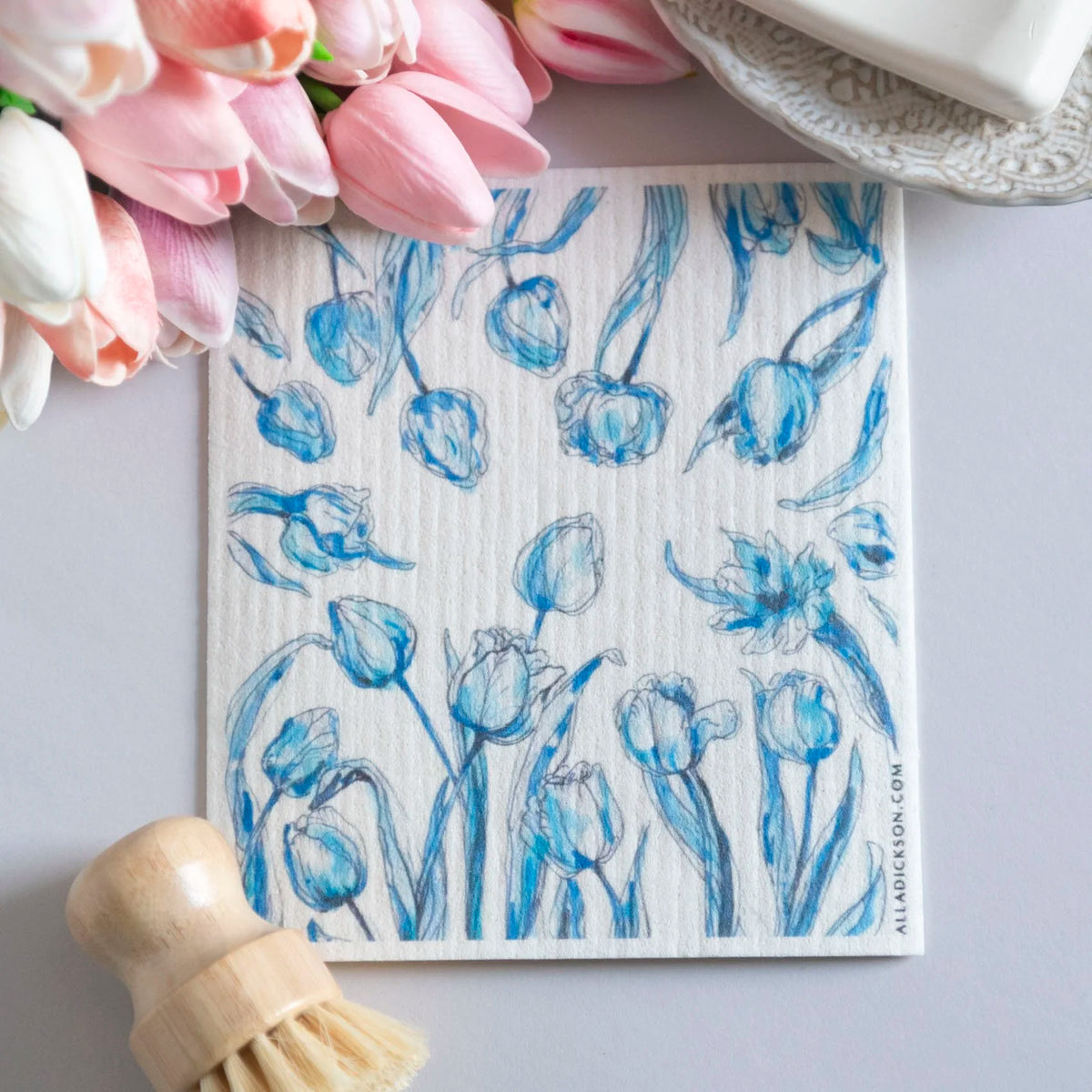 Tulip Art Dishcloth Blue Flower Swedish Dishcloth
