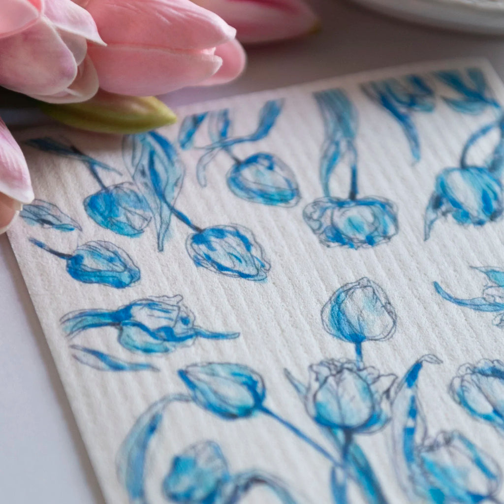 Tulip Art Dishcloth Blue Flower Swedish Dishcloth