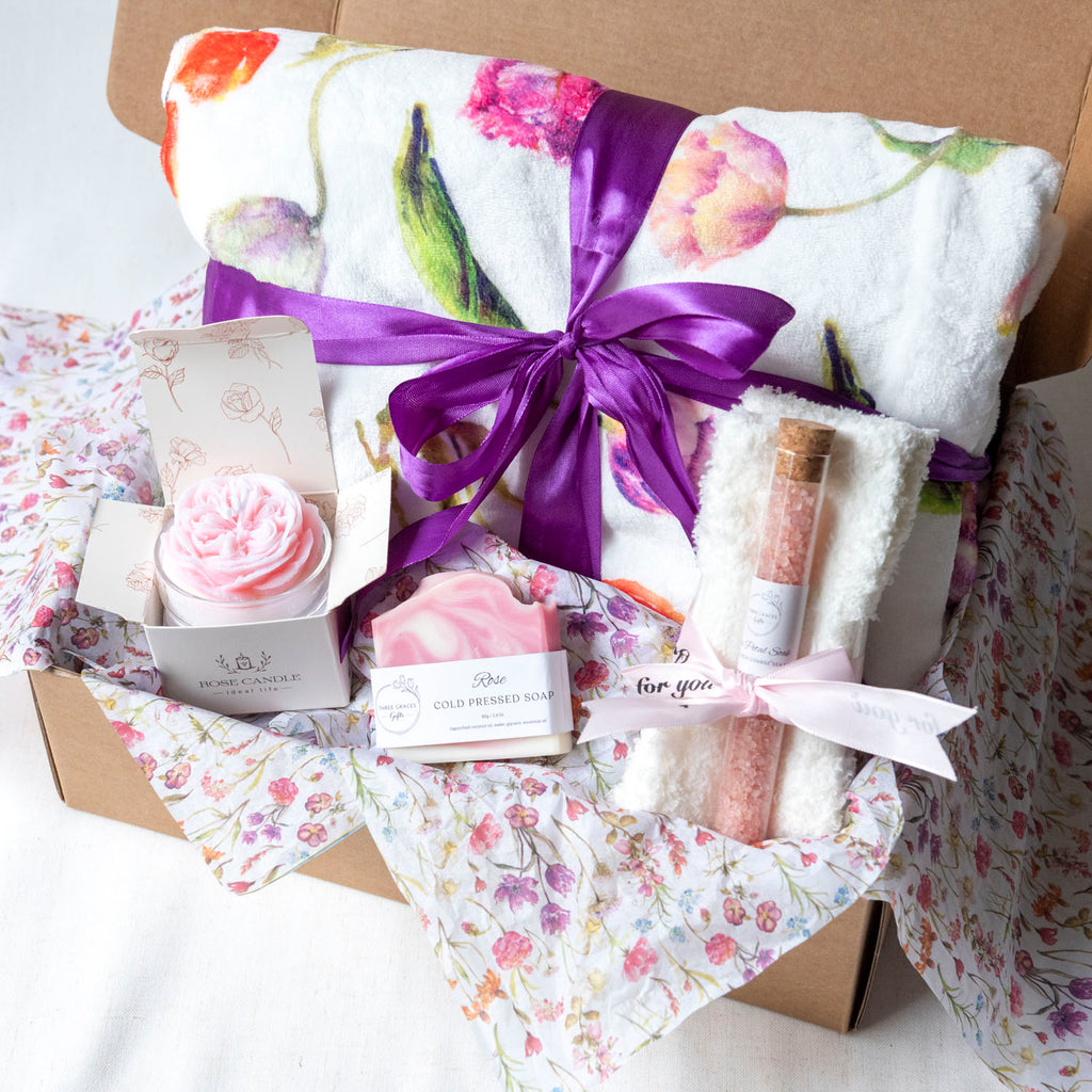 Relaxation Gift Basket Spa Box Set Plush Polyester Blanket Rose Scented Candle Bath Salts Collection Self Care Package Bridal Gift Essentials Pink Purple Options Greeting Card Choices Premium Quality Set Perfect Wedding Shower Present