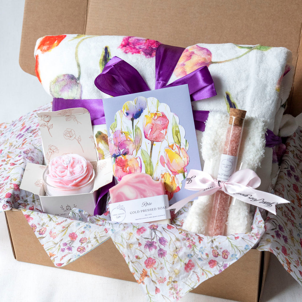 Spa Gift Box Set Plush Polyester Blanket Rose Scented Candle Lavender Bath Salts Relaxation Gift Basket Bridal Shower Present Self Care Package Pink Purple Box Options Greeting Card Choices Premium Comfort Collection Perfect Wedding Gift