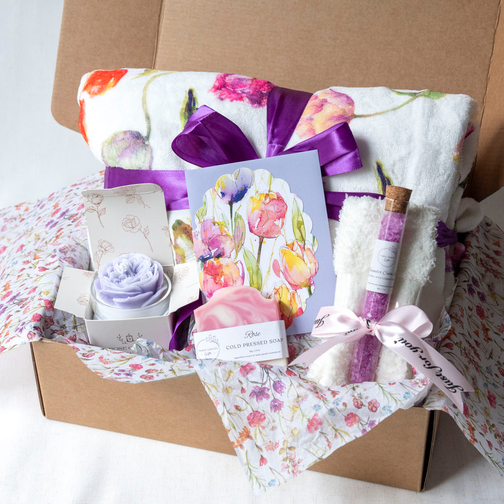 Self Care Spa Set Gift Box Plush Blanket Collection Rose Candle Lavender Bath Salts Bridal Shower Gift Basket Relaxation Package Pink Purple Box Choices Greeting Card Options Premium Comfort Essentials Perfect Wedding Present Beautiful Spa
