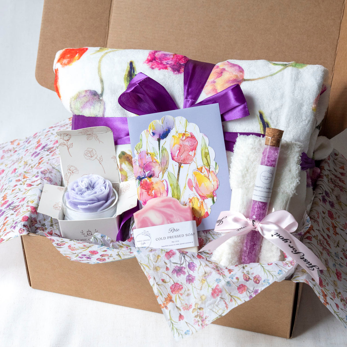 Self Care Spa Set Gift Box Plush Blanket Collection Rose Candle Lavender Bath Salts Bridal Shower Gift Basket Relaxation Package Pink Purple Box Choices Greeting Card Options Premium Comfort Essentials Perfect Wedding Present Beautiful Spa