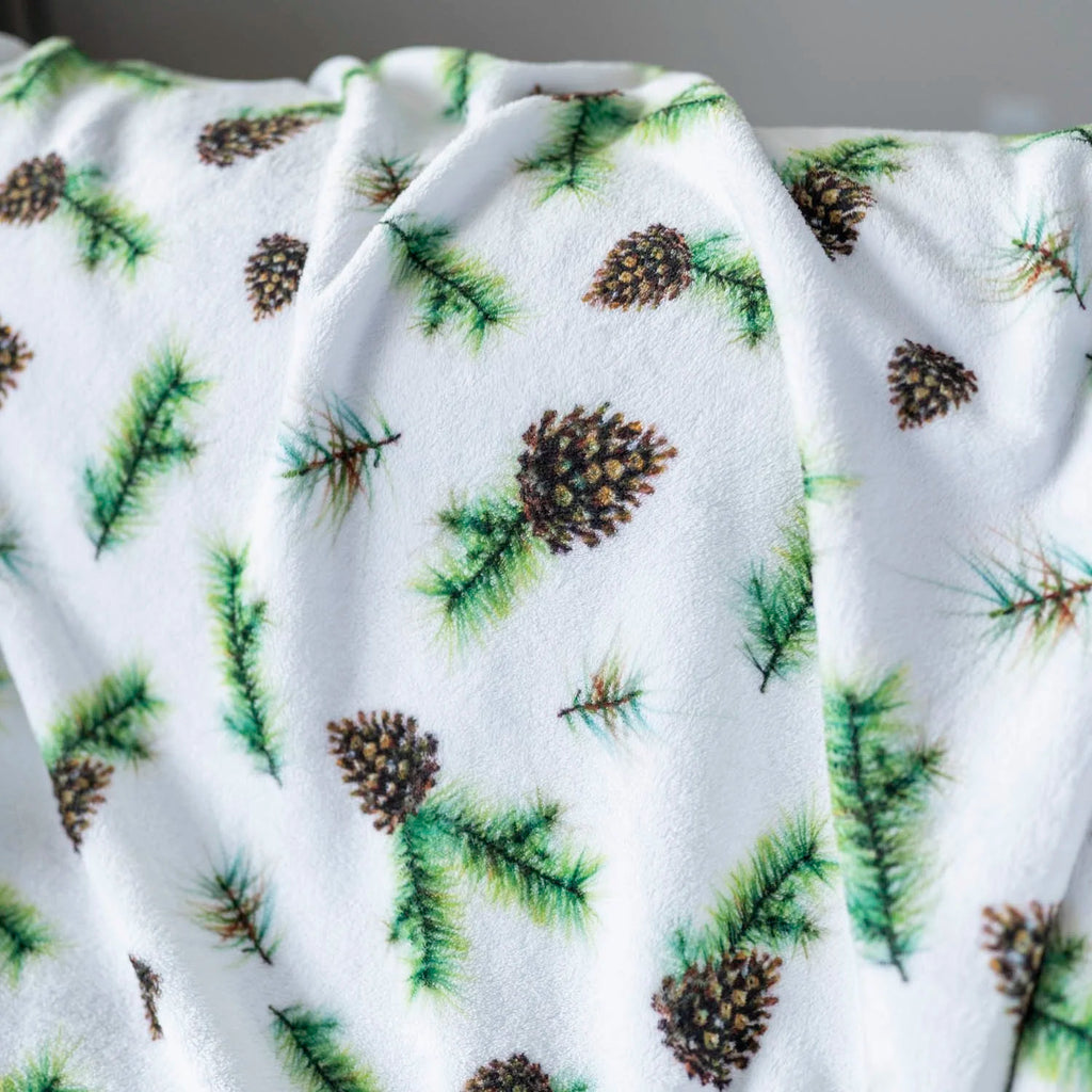 Pine Cone plush blanket featuring a woodland pine branch and cone watercolor print, 50"x60" velveteen throw