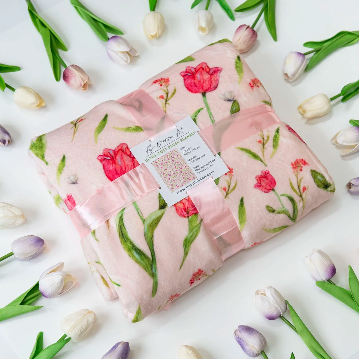 Pink Tulip plush blanket featuring hand-painted watercolor tulips in pink and crimson, 50"x60" velveteen throw