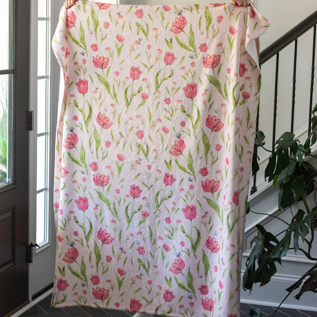 Pink Tulip plush blanket featuring hand-painted watercolor tulips in pink and crimson, 50"x60" velveteen throw