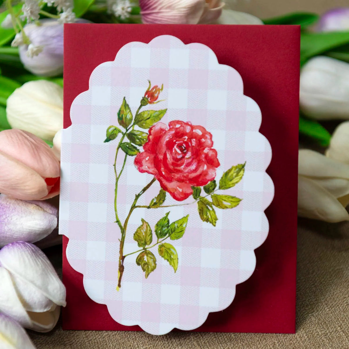 Red Rose Scalloped Card