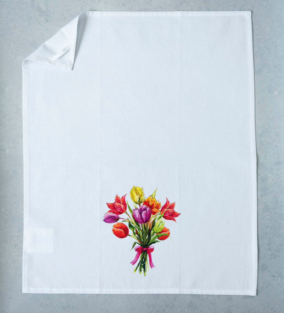 Spring Floral Kitchen Towel Watercolor Tulip Design White Cotton Fabric Farmhouse Kitchen Essential Colorful Flower Bouquet Red Yellow Purple Orange Pink Blossoms Green Foliage Pink Ribbon Detail Hanging Loop Practical Dish Towel Decorative