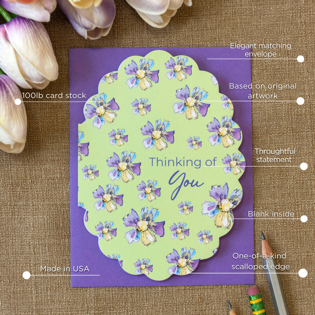 unique scalloped edge greeting card graphic which tells all the special features