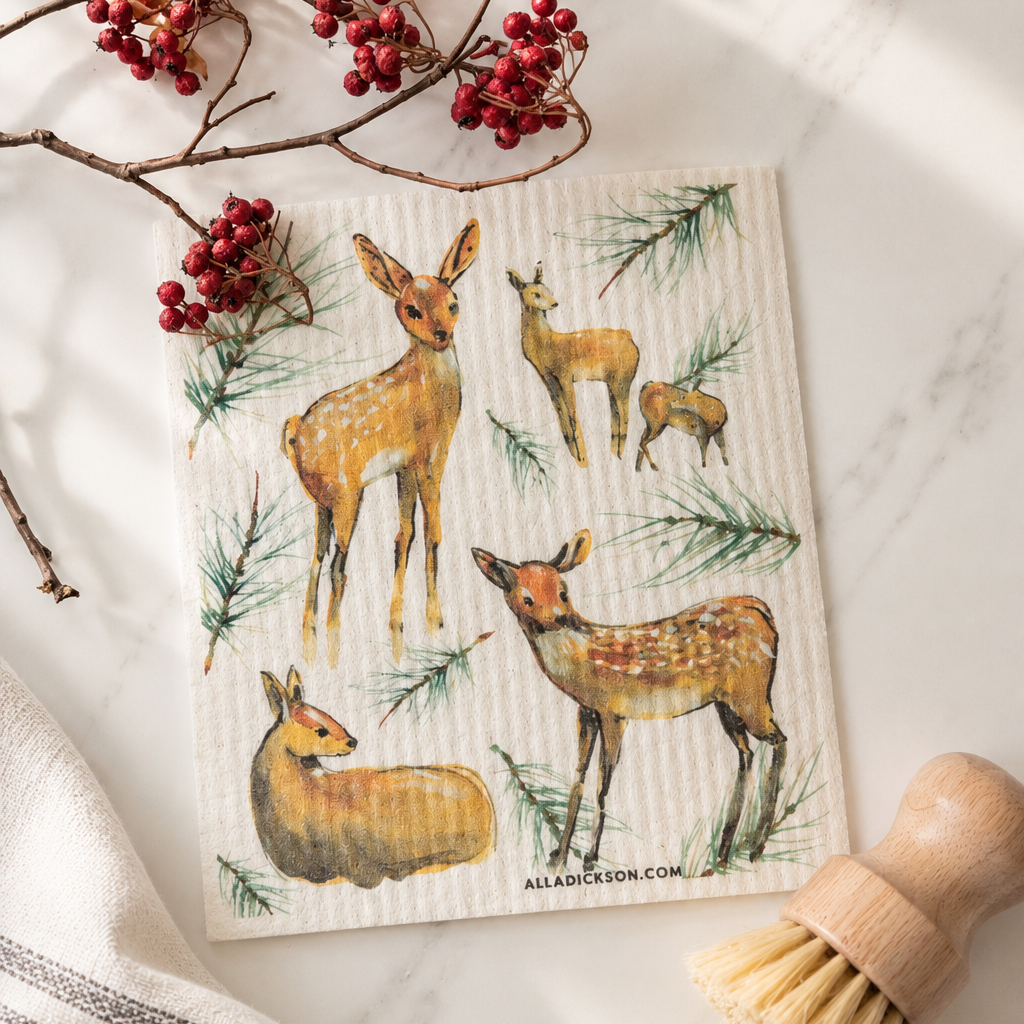 Swedish Sponge Cloth Set Reusable Kitchen Dishcloth Cotton Cellulose Material Washable Biodegradable Towels Eco Friendly Cleaning Christmas Woodland Pattern Winter Holiday Design Watercolor Nature Theme Deer Bird Poinsettia Holly Evergreen