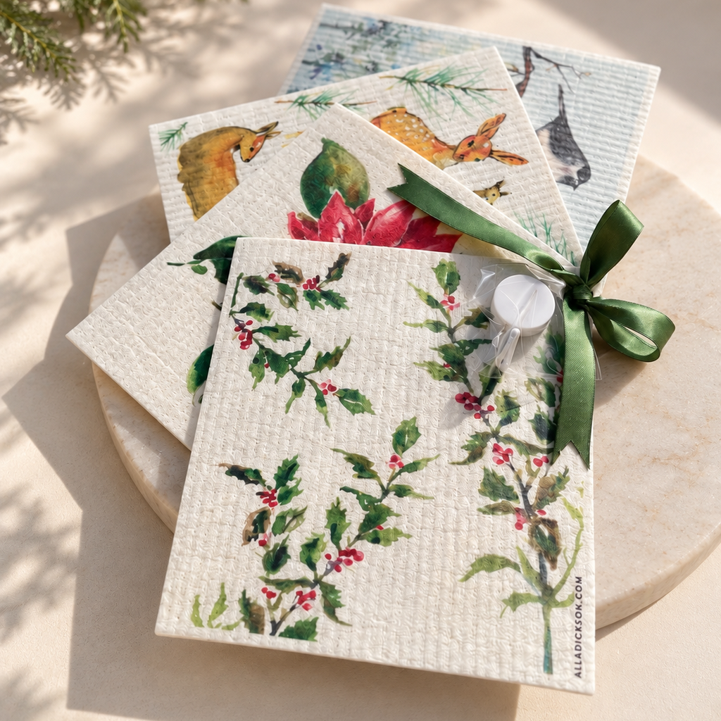 holly poinsettia deer dishcloth gift set for holiday hostess gift