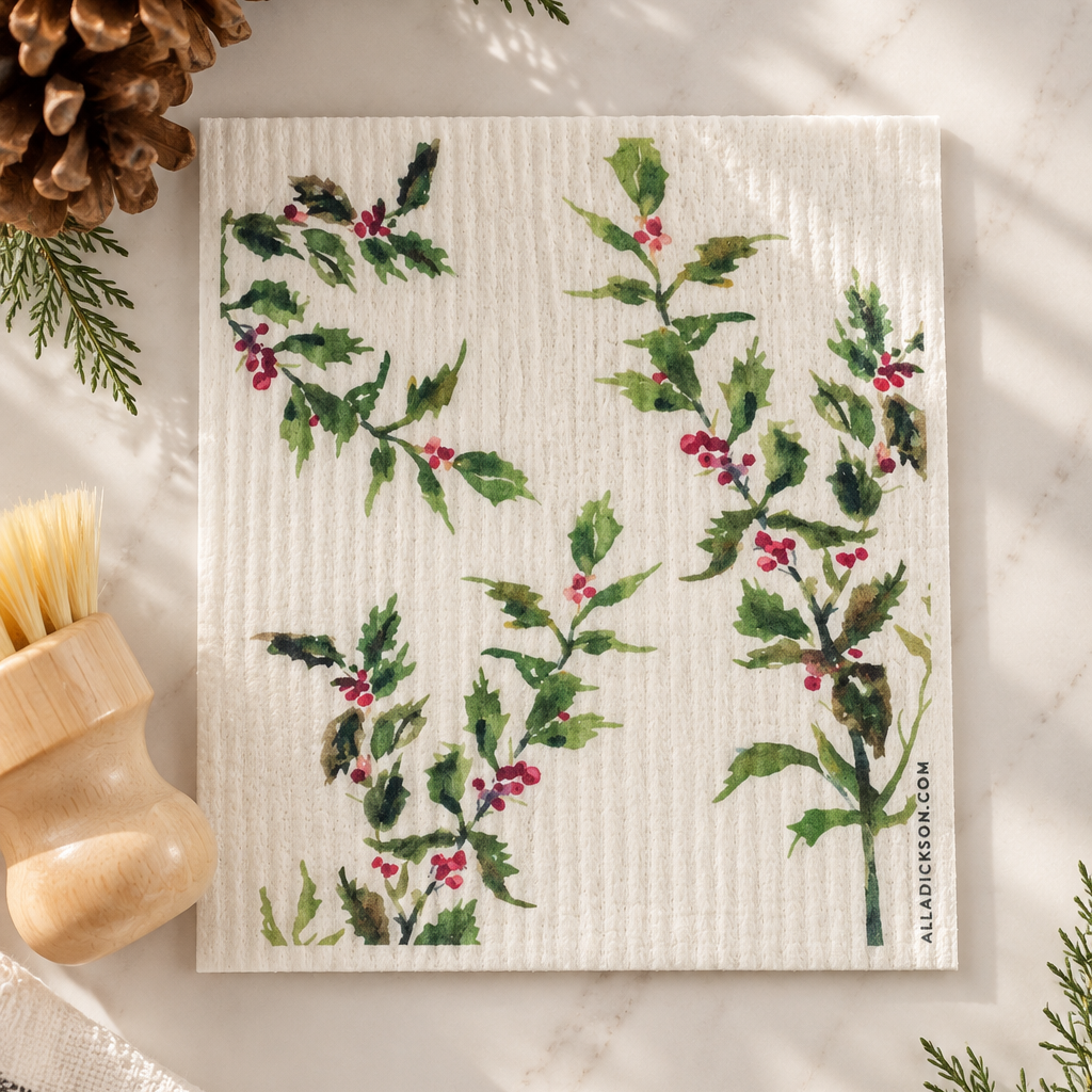 Reusable Kitchen Towel Set Swedish Dishcloth Collection Washable Sponge Cloth Cotton Cellulose Material Eco Friendly Cleaning Biodegradable Home Essential Christmas Woodland Design Winter Nature Theme Deer Bird Poinsettia Holly Evergreen