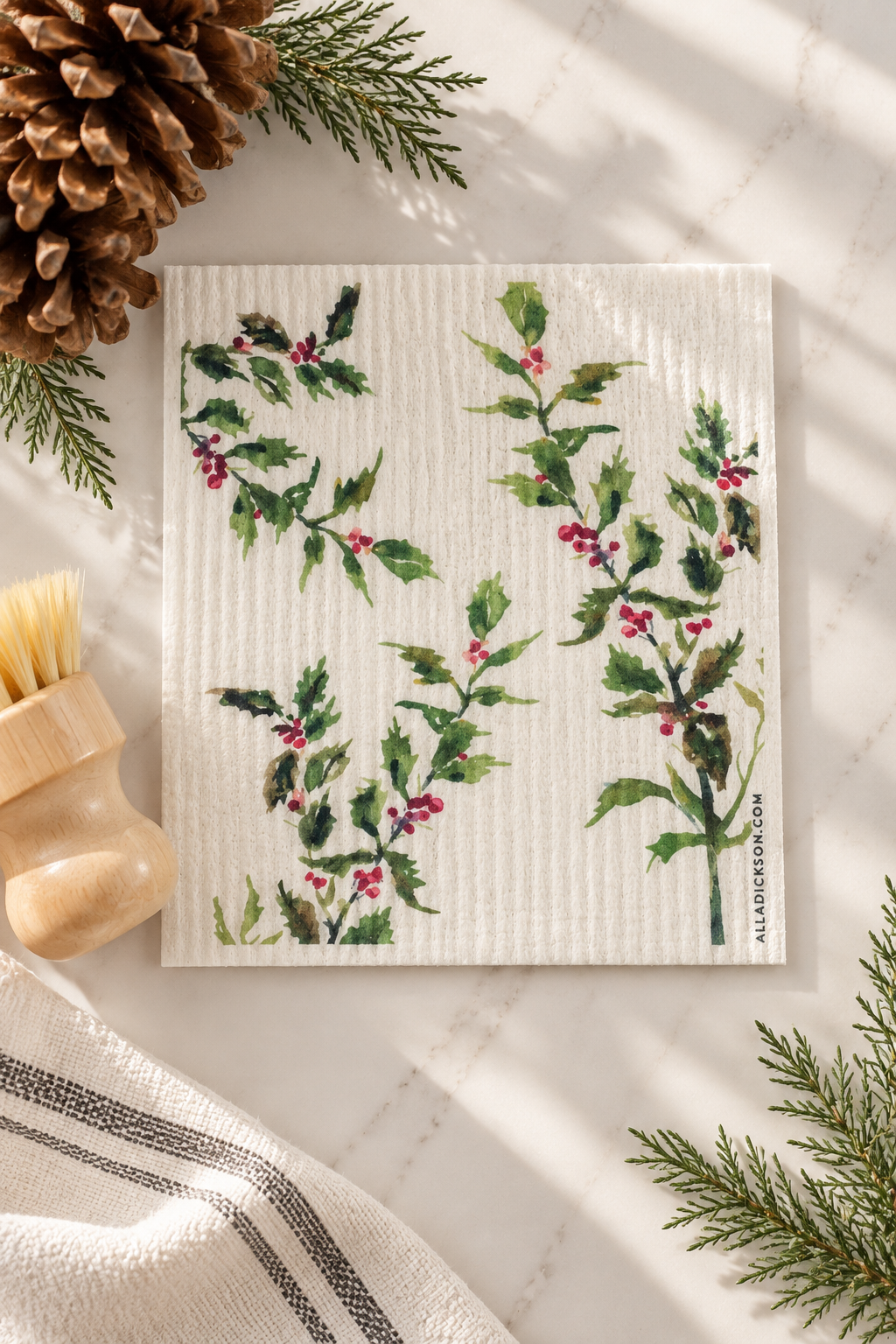 Reusable Kitchen Towel Set Swedish Dishcloth Collection Washable Sponge Cloth Cotton Cellulose Material Eco Friendly Cleaning Biodegradable Home Essential Christmas Woodland Design Winter Nature Theme Deer Bird Poinsettia Holly Evergreen