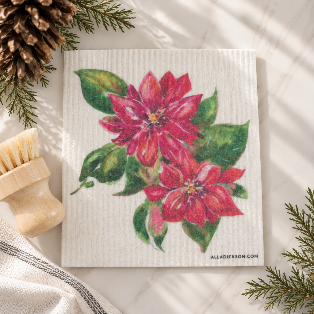 Christmas Woodland Collection Winter Holiday Kitchen Set Reusable Dishcloth Bundle Swedish Cellulose Sponge Eco Friendly Washable Cloth Sustainable Cleaning Towels Watercolor Nature Design Deer Bird Holly Pattern Poinsettia Evergreen Theme