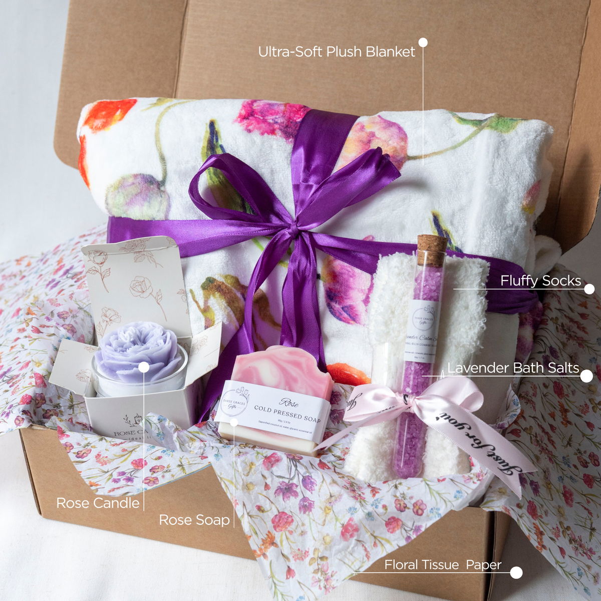 Relaxation Gift Basket Spa Box Set Plush Polyester Blanket Rose Scented Candle Bath Salts Collection Self Care Package Bridal Gift Essentials Pink Purple Options Greeting Card Choices Premium Quality Set Perfect Wedding Shower Present