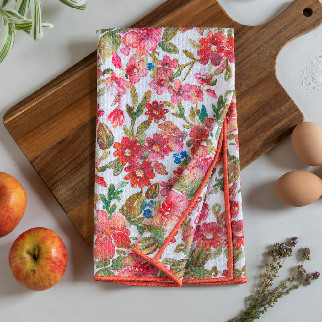red floral waffle weave kitchen towel with art print