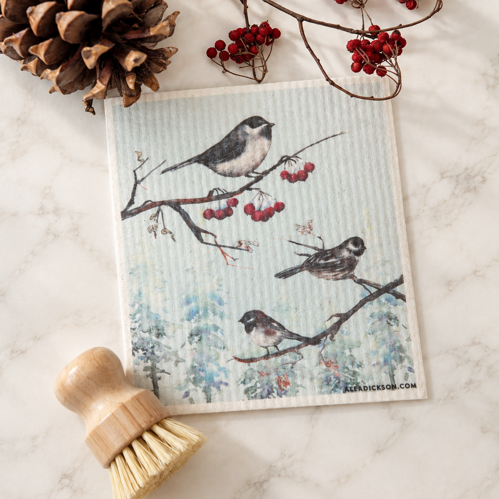 Eco Friendly Kitchen Set Reusable Swedish Dishcloth Cotton Cellulose Sponge Cloth Washable Cleaning Towels Biodegradable Home Essential Sustainable Zero Waste Christmas Woodland Design Winter Holiday Theme Watercolor Deer Bird Poinsettia